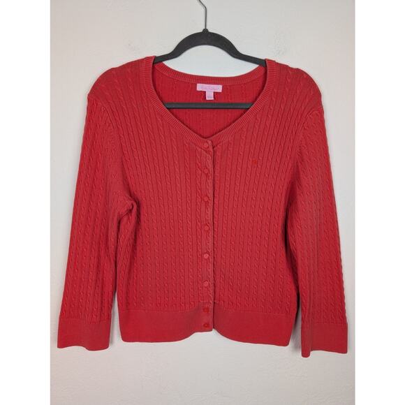 Lilly Pulitzer Cardigan Sweater Cable Knit Coral Preppy Orange Pink Size L - Picture 1 of 10